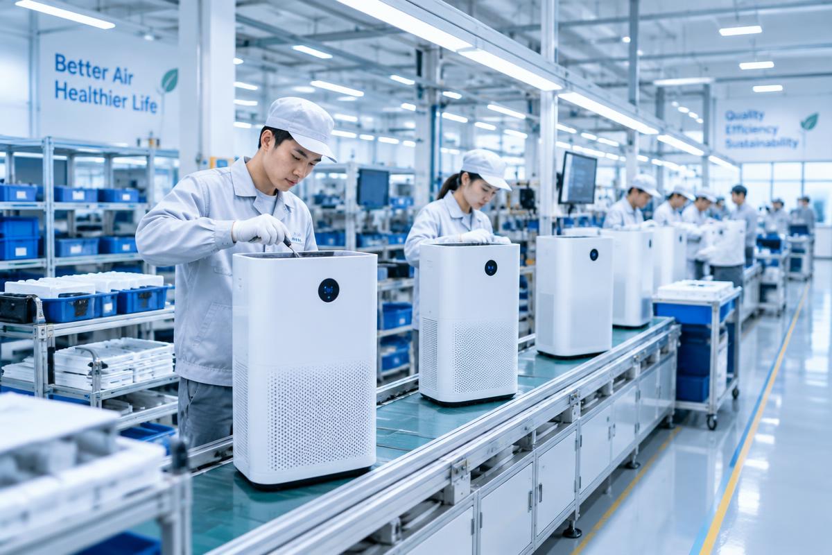 Illustrative image of air purifiers on an assembly line